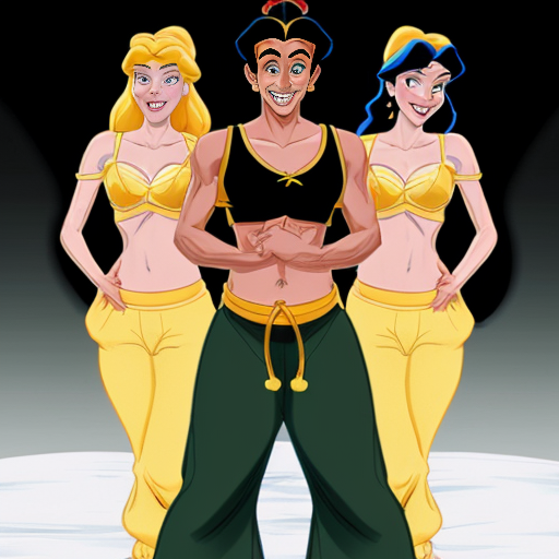 90's disney's 2d aladdin style comic black background and of tiana with dark green harem pants and bra and curved slippers conjoined by the belly of snow white with yellow harem pants and yellow bra and yellow curved slippers both gives a smile and winking their left eye 