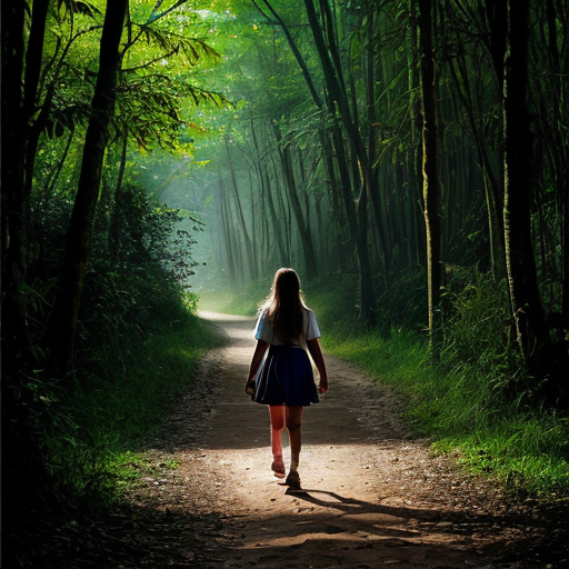 “Teen girl walking home through Amazon path, soft mystical glow behind her.”