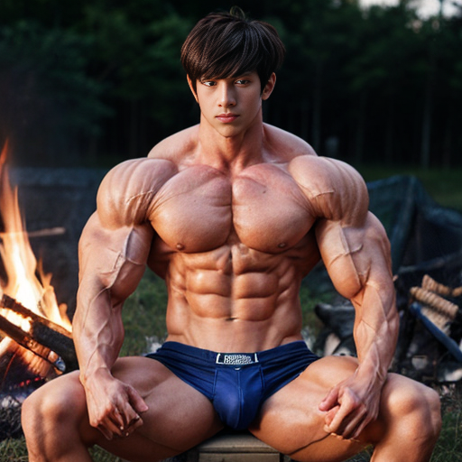 An Anime knight sitting next to a campfire with all of his cloths except his underwear off and he has abs and muscles and is flexing his muscles to the camera 