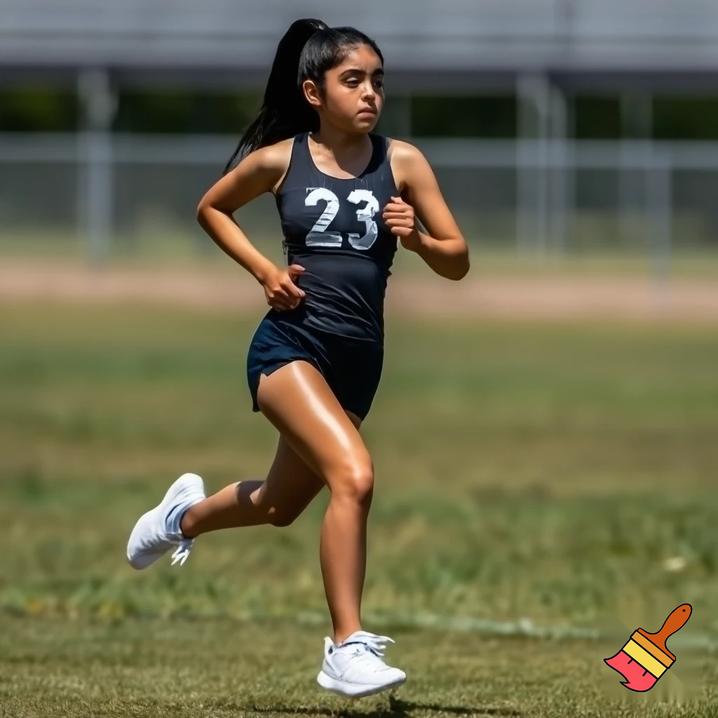 Jenna Ortega running at a school sports day, wearing a sport tank top with the number 23 on it, and some short sports shorts, and white trainers. Make her hair tied up in a ponytail. 