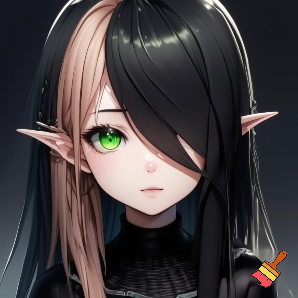 je souhaite générer un personnage d'anime ce sera une fille avec des cheveux long lisse et un peux ébouriffe elle sera moitié elfe  moitié démon  et elle aurat des yeux  vert perçant  