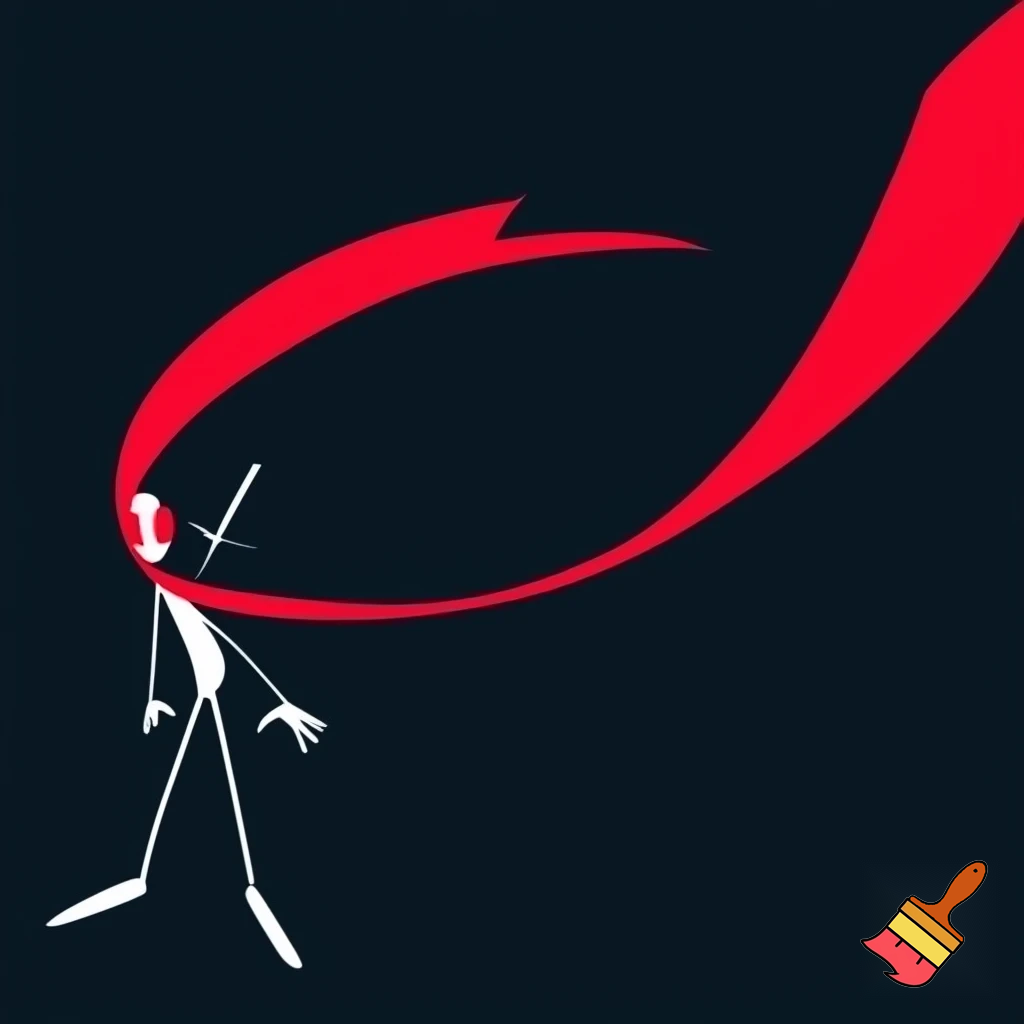 Minimalist stickman character, pure stickman style. White skin, no nose, no hair. Intense glowing red eyes without pupils. Thin rectangular body. Very thin stick arms and legs, with hands and feet slightly larger than the limbs. Wearing a very long red scarf flowing dramatically. A sword on the back. Simple clean lines, flat colors, high contrast white and red, dark minimalist background.