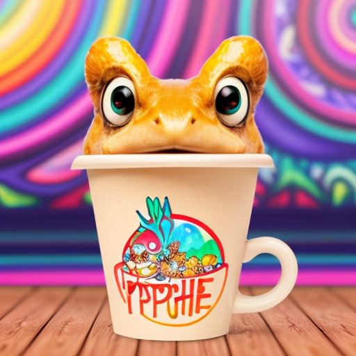 A hillarious, funny boho toad with some hippie colored coffee cups. Psychedelic decorated background, hyperrealistic. Close-up view.