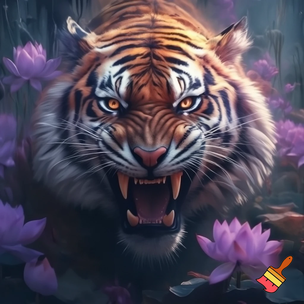 Tiger barring teeth with purple lotus flowers
