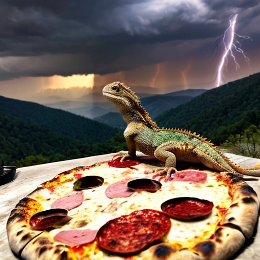 In the inside of a mansion on the mountains with the back round of being in the mountains, a bearded dragon, 8 inch long, red and white eyes with thunder coming out of it, levitating while pizza floats around it.