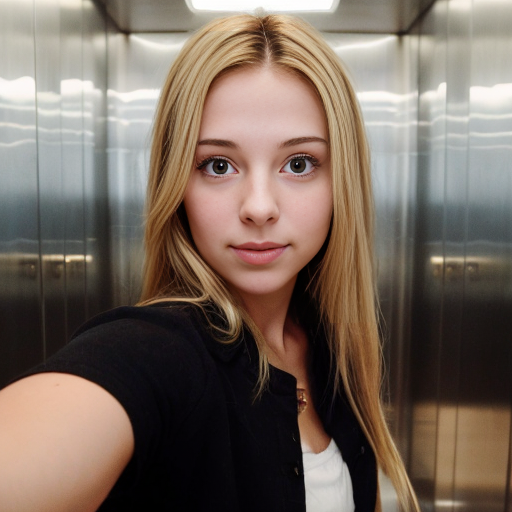 can you make a pic of the same girl go to the elevator and then another  calls her the other girl is blond  
