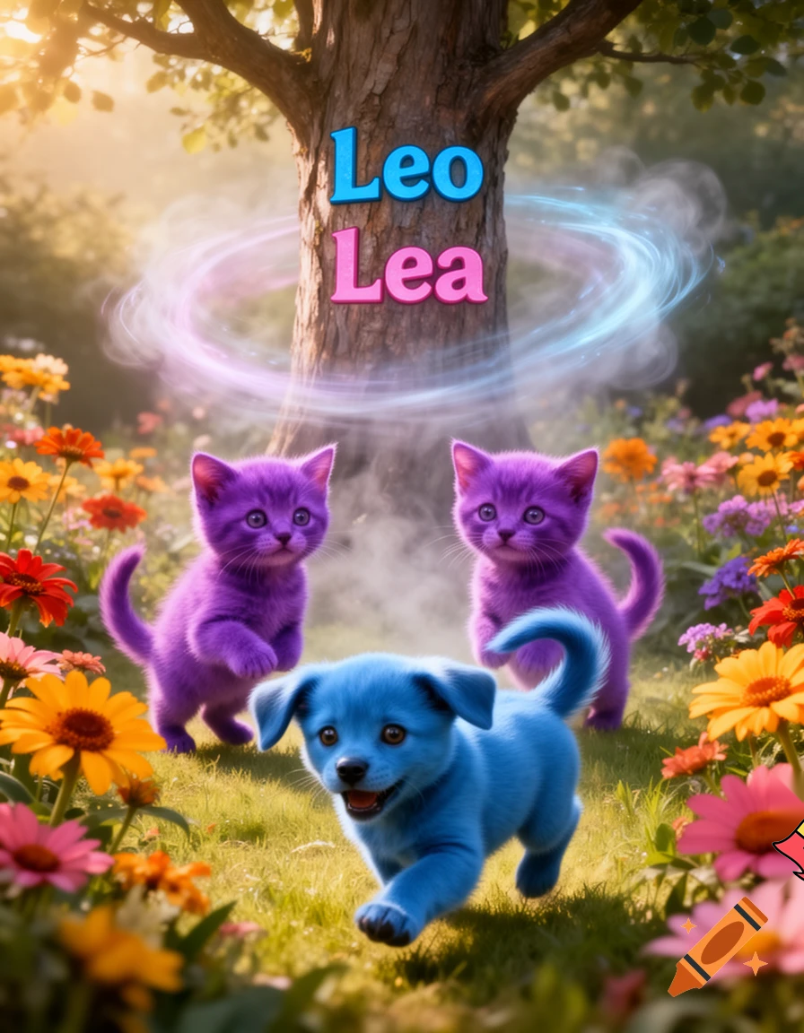 Hi, everyone! hello, purple Kiki kitten! morning, blue Puppo puppy! ah! why are there two purple Kiki kittens? Leo's colour is blue when he was a boy and Lea's colour is pink when she was a girl did a spell on me!