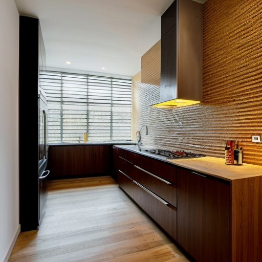 generate an interior picture of a room, with a 2.5-meter-long and 2.7-meter-high wall on the left, with 5 4-centimeter-wide pecan-colored boards on the left and right edges of the wall, and black wallpaper with gold-colored thin stripes in between. There is also a 60-centimeter-wide and 2-meter-high decorative panel with a floral pattern, and a 60-centimeter-wide and 2-meter-high mirror. the second wall begins with 50 cm of 4 cm wide pecked walnut-colored slats, followed by a 1.80 m long and 1.3 m high counter with a glass in the middle that is illuminated from the inside with yellow light, then 90 cm of slats that are pecked at regular intervals, and the wall ends with a door that matches the color of the counter. The third wall is covered with decorative plaster. Design this room in a modern and stylish manner.