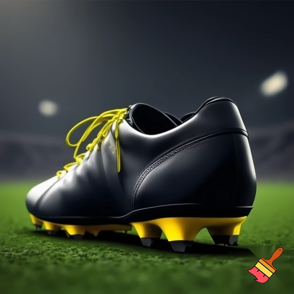  plain black soccer boot and with yellow laces and studs facing away from me
