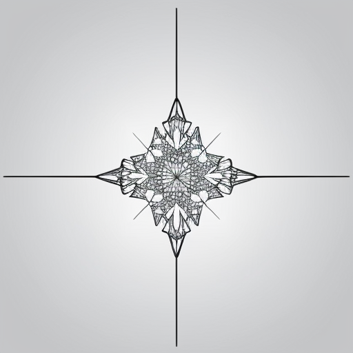 Realistic six-sided crystalline snowflake line drawing with fractal geometry in b&w