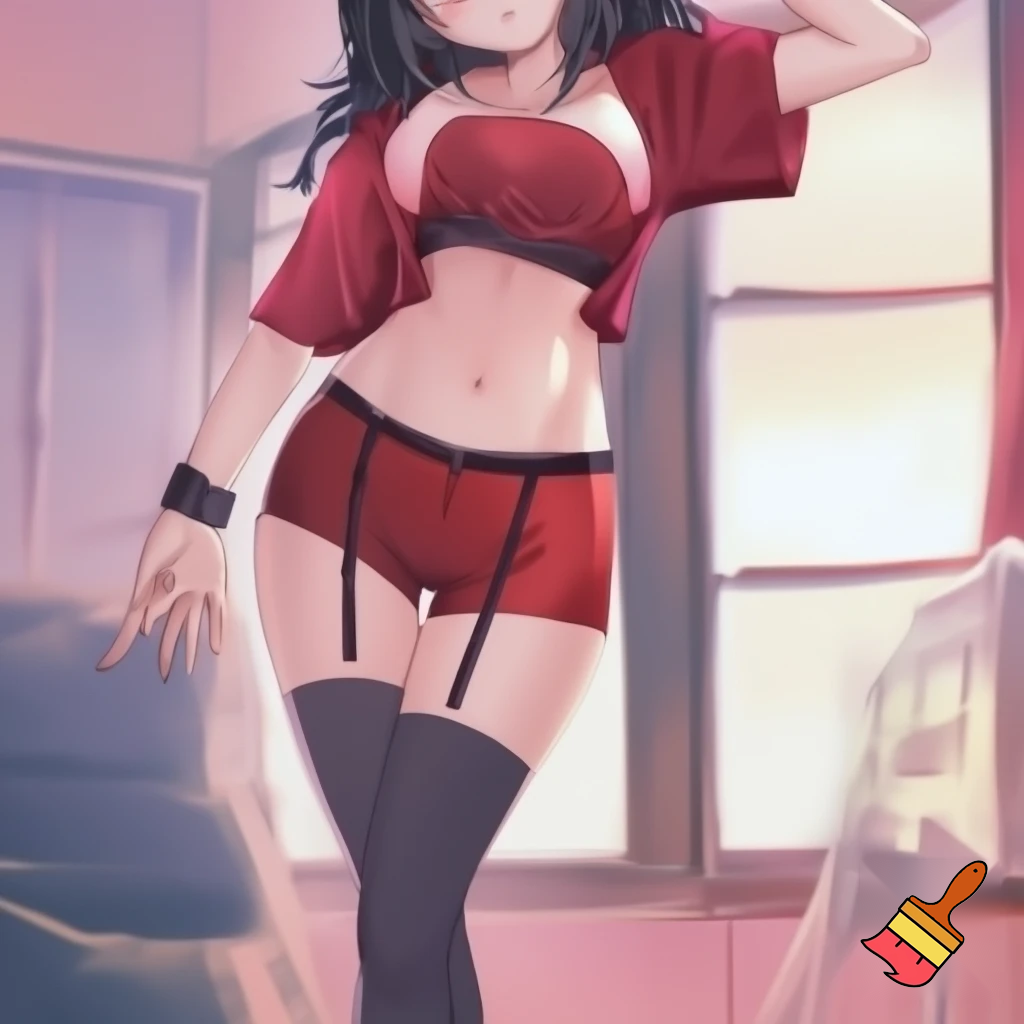 Anime girl 20 years old so cool and cute with red underwear clothes is dressing very short shirt and thigh high socks is standing in cool pose and her body is shiny make is so anime and make
