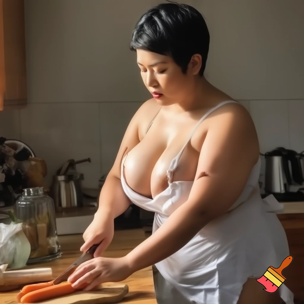 a breathtakingly voluptuous Asian woman with glossy black pixie-cut hair standing at a sunlit kitchen counter, her smooth curves barely concealed by a flimsy white apron tied loosely around her waist—the only thing covering her otherwise naked body. The apron rides up slightly at the sides, teasing glimpses of her full hips and the soft curve of her waist, while the thin fabric clings provocatively to the swell of her breasts with every deliberate movement. Her hands work with effortless precision, chopping fresh carrots on a wooden board, fingers glistening slightly from the juice as the knife taps rhythmically. The warm morning light catches the sheen of sweat along her collarbone and the playful bounce of her cleavage as she leans forward, the apron’s neckline dipping dangerously low. A smirk plays on her plush lips—aware, confident, utterly in control—while the scene radiates a tantalizing mix of domestic intimacy and unrestrained sensuality.