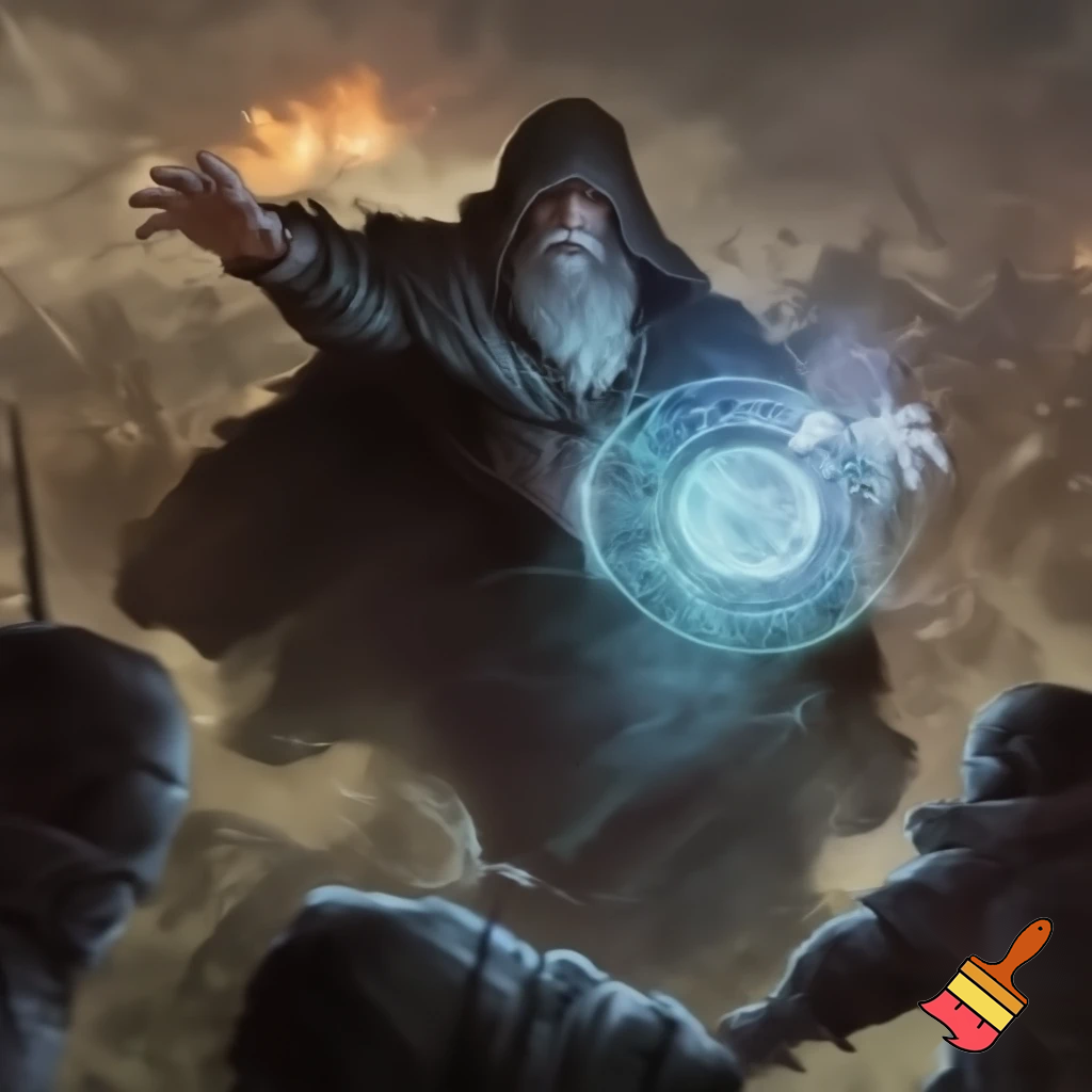 an grey-bearded archmage with hooded black robes, casting a barrier spell in a battlefield
