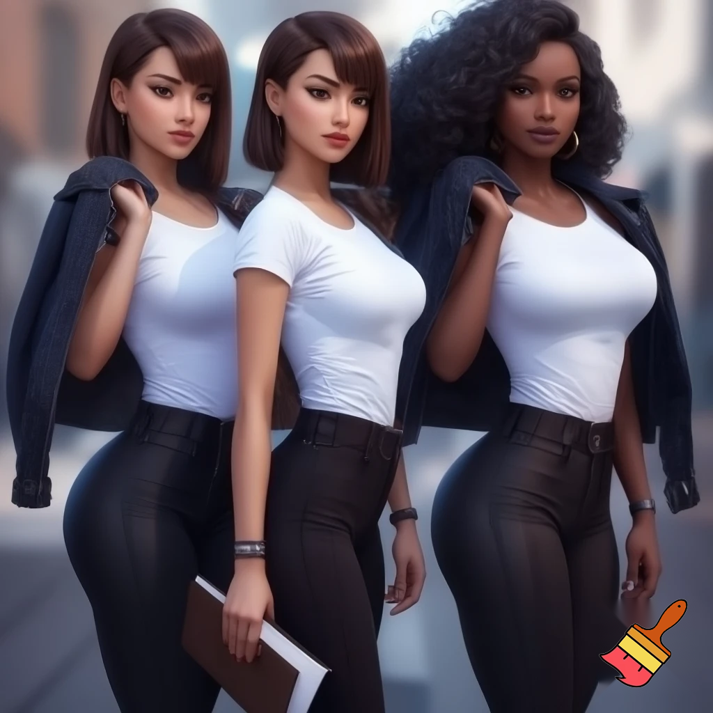 2 femme de 25ans l'une cheveux brune  mi carré l'autre long légèrement bouclé noire  avec un t-shirt blanc pro pour la premiere et un t-shirt gris pour l'autre un pantalon noir qui met en valeur leur forme et elle ont une veste en jean noir et un carnet de note dans la main version journaliste elle ont les bleu clair et sont très belle 