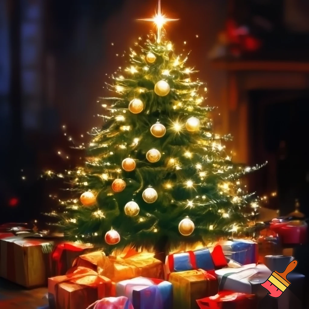 Christmas tree with  a star and present all around
