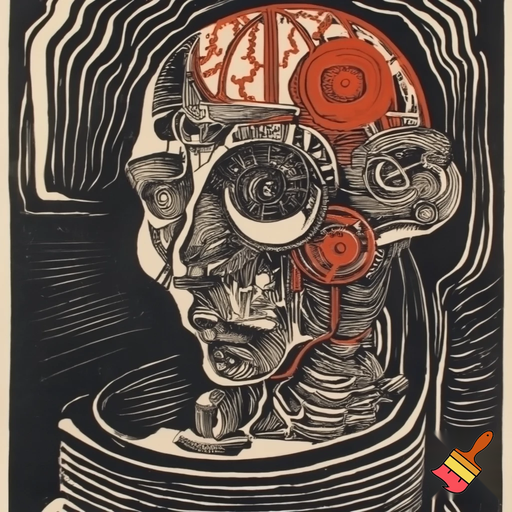 Bio-mechanical post-human noise art. In the style of a 1920's German Expressionist woodcut print. Monoprint.