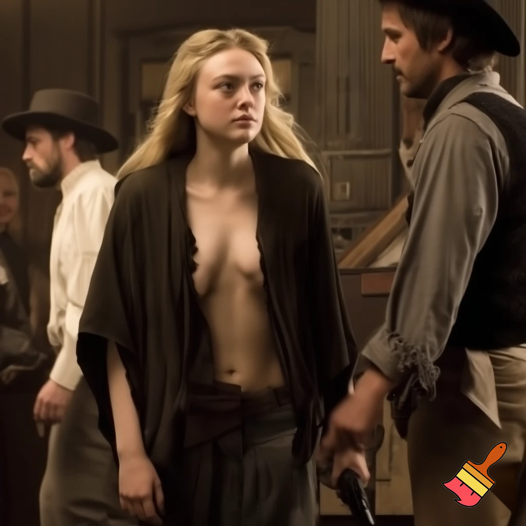 Dakota Fanning, various poses, torn clothes, wild west saloon scene, close up shot, breast exposed, walking looking at man with a gun