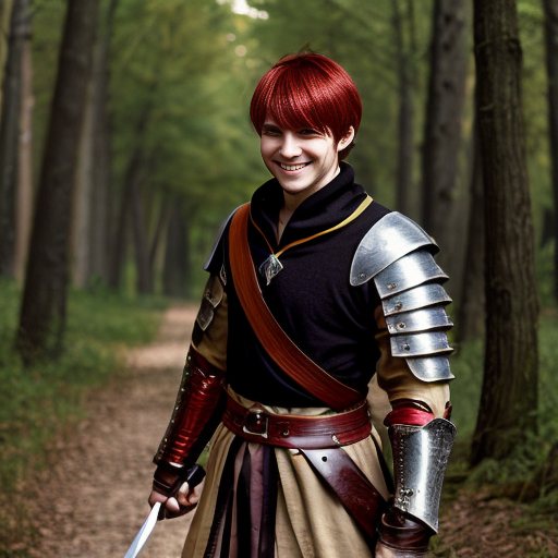 Anime style adult male, neat red hair, smiling, yellow snake eyes but otherwise no snakelike features, has a sword in a scabbard on his back, slim with creative dark medieval clothes, no armor, forest background