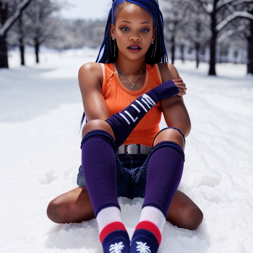 Rihanna orange tanktop belt blue short mini purple socks orange and white sneakers on a sitting Snow
