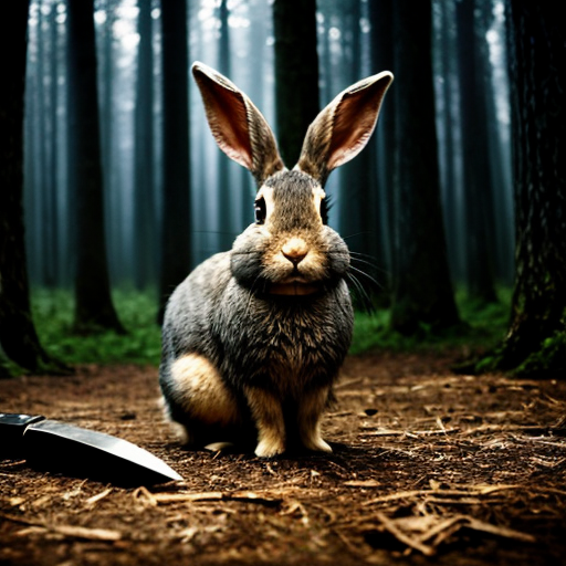 European rabbit, holding knife, dark forest, evil,