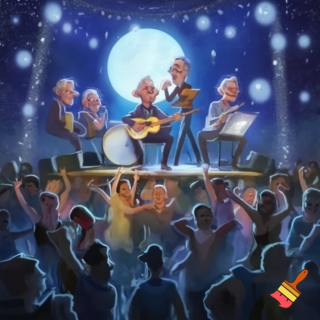 Dancing crowd in moonlight  a five member 
MALe elderly band playing music on stage.
Magical night
