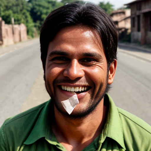 Huge green Hulku smiling happily after finding a 10 rupee note on the road in a village, joyful expression, dramatic cinematic lighting, dusty village road, realistic 3D animation style, Instagram reel format 9:16