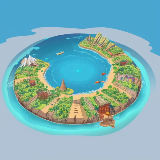 Cartographer style map of circular island that looks a bit like a dragon curled on its side with a mountain in the middle of the island that is it's spine.
