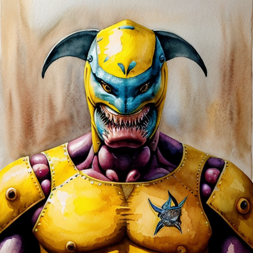 peux tu générer un homme requin humanoïde  qui porte un costume jaune abimé. Ses bras portent  des ailerons de requins. Il est musclé et à l'air méchant. Il porte un chapka russe sur la tête. 
Représente le de plein pied et insiste sur son côté requin terrifiant.
