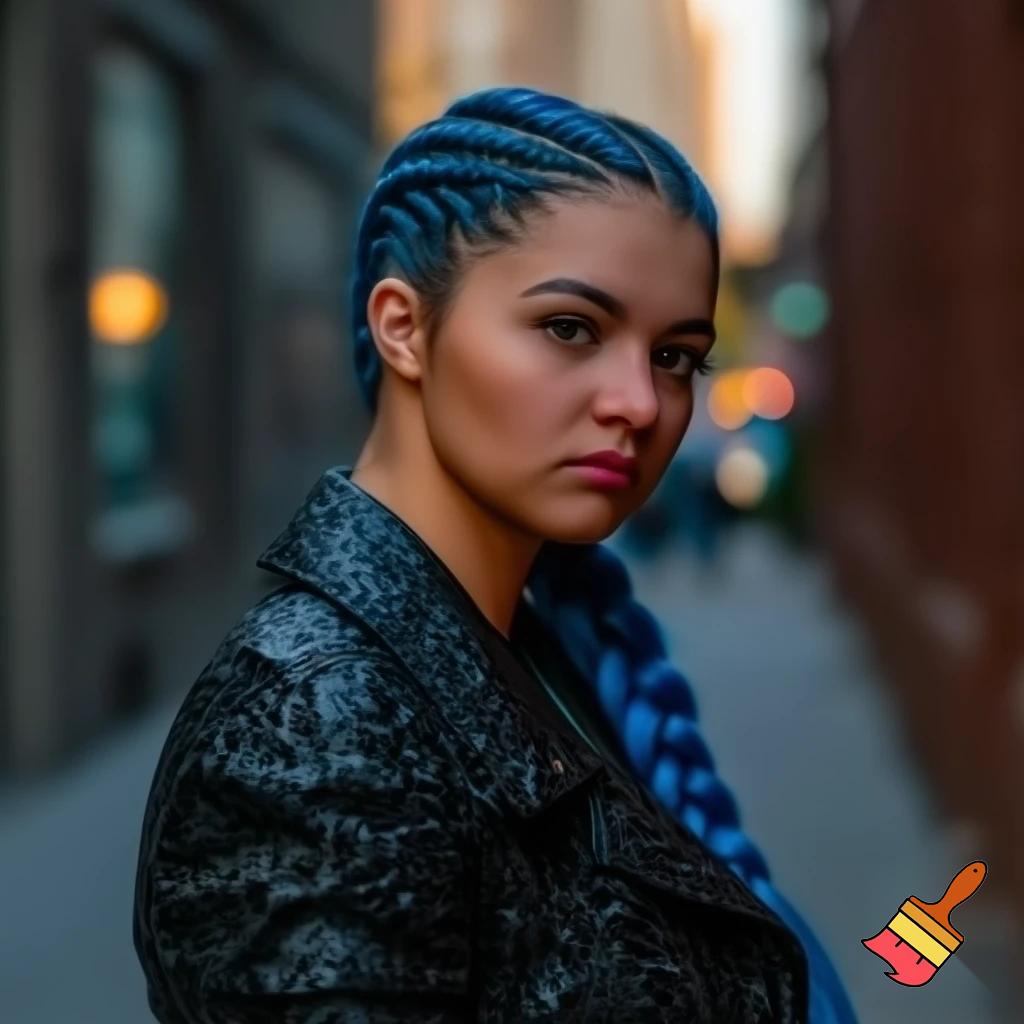 girl with blue braid and has a black jacket 