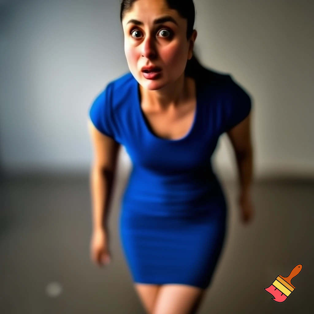 Kareena Kapoor in a short blue dress. Standing with her left leg tightly crossed in front of her right leg, and a worried expression, as if saying "ooooh"