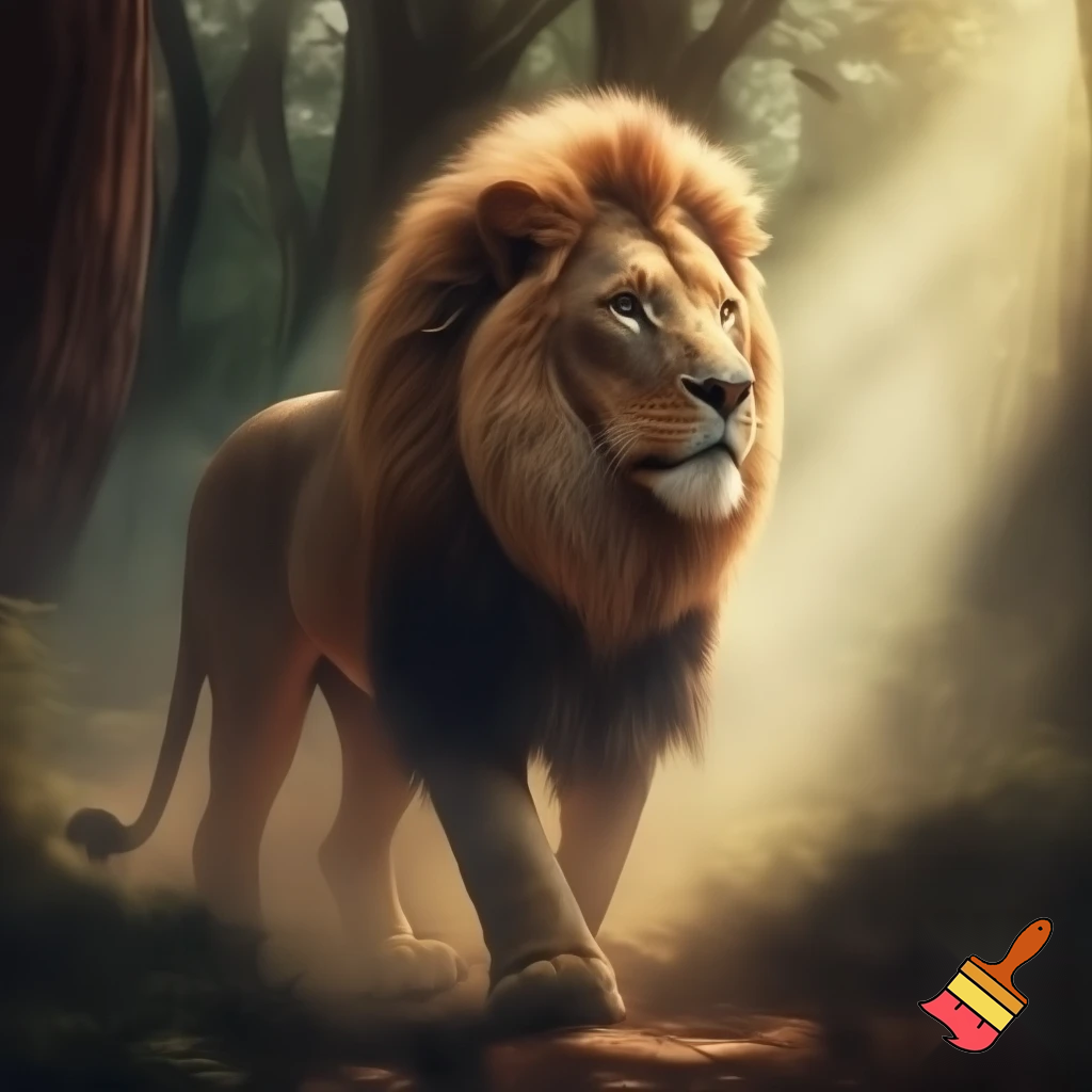 A highly detailed image of a majestic lion walking through a dense forest, sunlight filtering through tall trees, soft mist in the background, realistic fur texture, powerful muscles in motion, natural colors, cinematic lighting, shallow depth of field, ultra-realistic style, high resolution, dramatic and immersive atmosphere