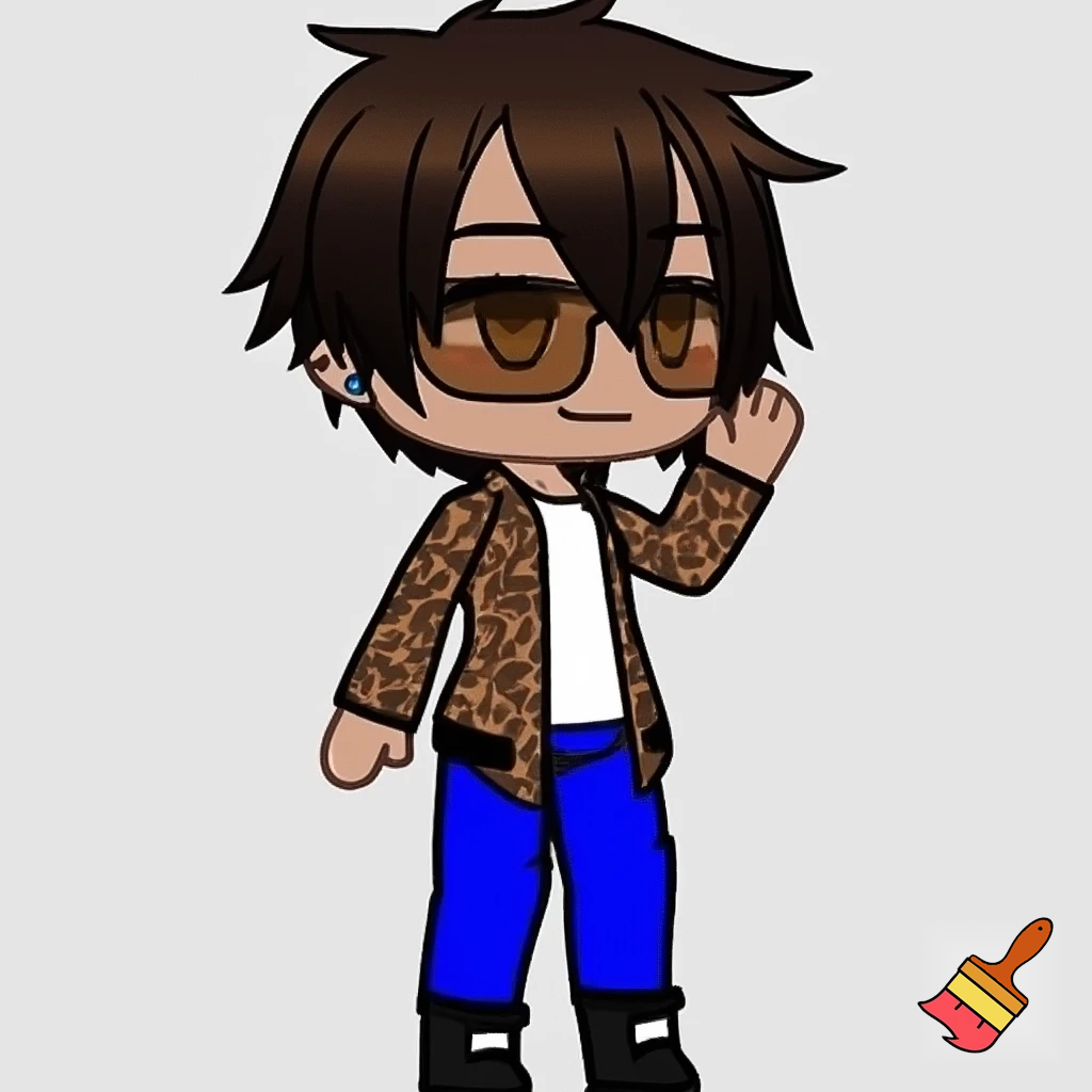 A Gacha brown skinned boy with dark brown hair, brown glasses and a brown pattern jacket with a white shirt, blue pants and black shoes. Waving at the camera 