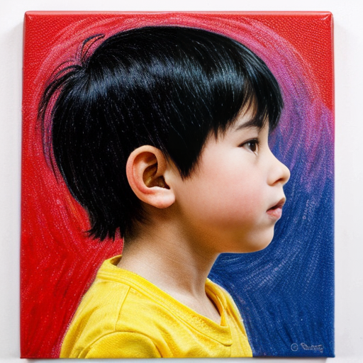 in an 8.5 by 11 inches size of canvass a crayon artwork of a kid with black hair in a side view looking upward holding a theater mask covering the half side of his face