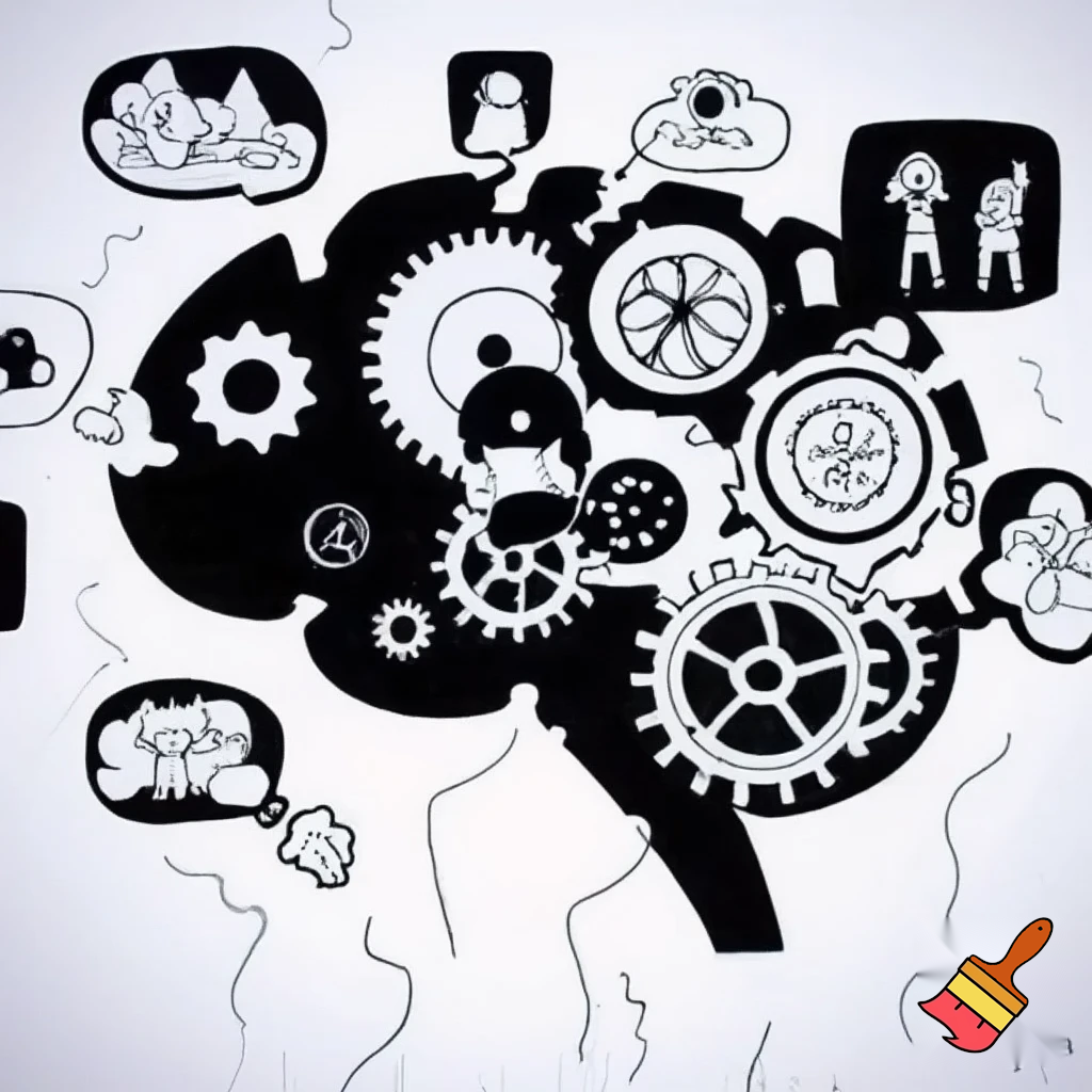 Brain running survival simulations

Cartoon brain with gears and multiple thought bubbles, running simulations, black and white, xkcd-style, abstract illustration