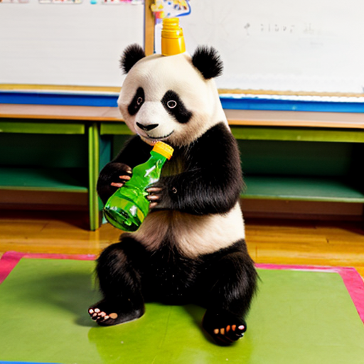 a panda teacher piking up a poshen bottle