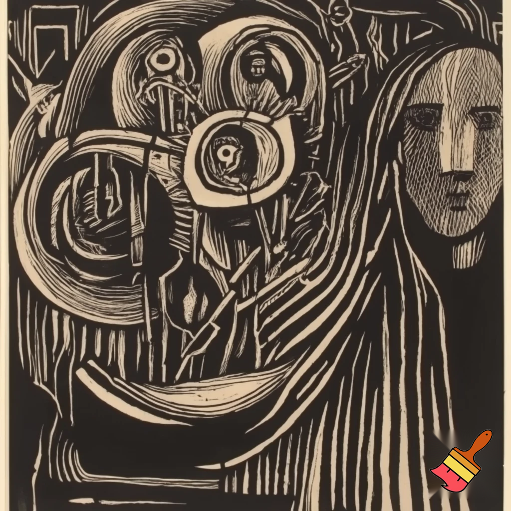 Bio-mechanical post-human noise art. In the style of a 1920's German Expressionist woodcut print. Monoprint.