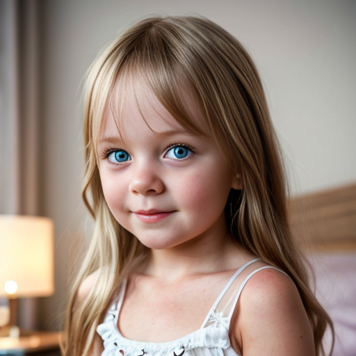 finnish little girl at night dress, very beautiful and eager, long blonde hair, on the bedroom, close up
