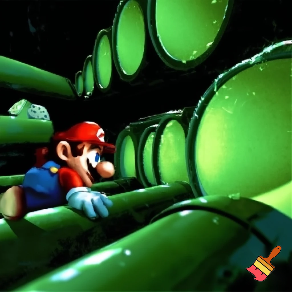 Mario crawling through toilet tubes