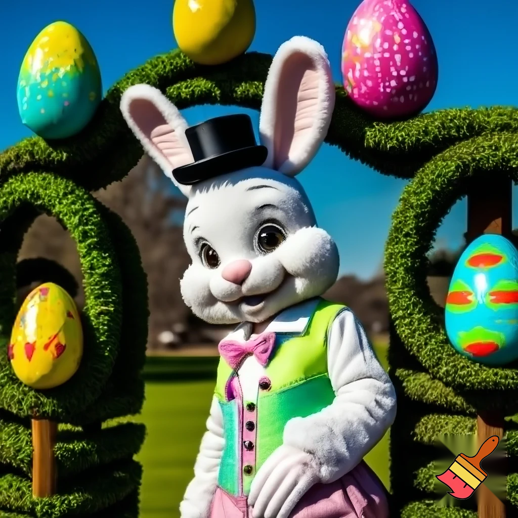 Easter bunny mascot with the top hat costume Easter bunnies maze house