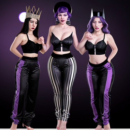 90's disney's 2d aladdin style comic dark blue background of panel 1 evil queen barefoot with purple and black striped harem pants and purple and black striped bra with both hand palms place together and hiding the bottom of her mouth with a purple and black striped veil wrapped around her arms. panel 2 she danced barefoot with purple and black striped harem pants and purple and black striped bra and purple and black striped veil covering her shoulders and arms and raising legs and bounced up and down her belly and which causes an electric discharge to form which transforms her purple and black striped veil from shoulders and arms into a bolt of lightning. Panel 3 which tye evil queen barefoot with purple and black striped harem pants and purple and black striped bra grabs the lightning bolt from her shoulders and arms with one hand. panel 4 then the evil queen barefoot with purple and black striped harem pants and purple and black striped bra rubs the lightning bolt on her butt with the lightning bolt against her butt and shook her hips left and right. panel 5 then as the evil queen barefoot with purple and black striped harem pants and purple and black striped bra still shook her butt left and right she turns and her butt is now facing the viewer while rubbing the lighting bolt with her.