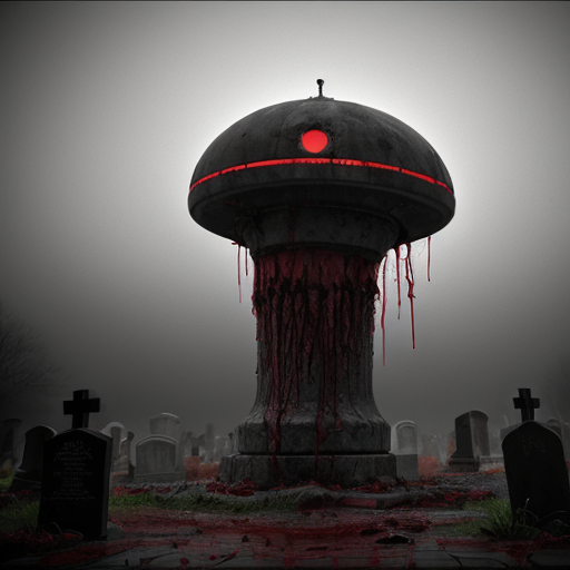 A photorealistic, hyper-detailed dark fantasy horror scene. A colossal, floating bio-mechanical ufo hovers menacingly over a foggy, desolate graveyard. The creature is a grotesque fusion of rotting, dripping flesh, exposed muscle, and dark metallic machinery, featuring a massive gaping maw with jagged teeth and numerous intensely glowing red optical sensors dotting its body. Viscous gore drips from its underbelly. In the foreground, heavily mutilated humanoid corpses covered in wet blood and raw flesh are rising from muddy, open graves among weathered stone crosses. The atmosphere is grim, cinematic, and terrifying, with thick atmospheric fog, a dark overcast sky, and stark contrast between the desaturated greys of the cemetery and the vivid, glowing crimson reds. Shot on 35mm lens, 8k resolution, highly realistic texturing.