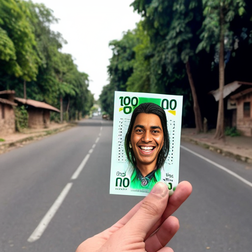 Huge green Hulku smiling happily after finding a 10 rupee note on the road in a village, joyful expression, dramatic cinematic lighting, dusty village road, realistic 3D animation style, Instagram reel format 9:16