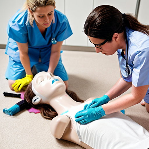 A woman lying unconscious on her back on the floor, wearing a white tank top and shorts, and a nurse performing CPR on her.