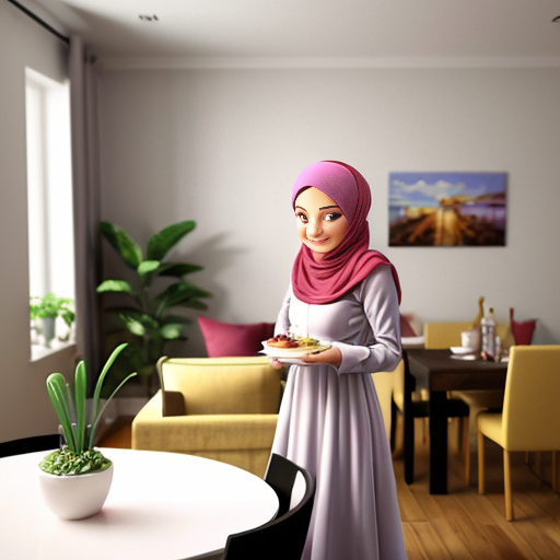Pixar-style 3D cartoon, Muslim woman, 50 years old, fully covered, headscarf covering all hair, modest appearance, wide flowing pink dress, standing in a modern living/dining room, placing plates on the table, preparing food to eat, medium-class interior, neutral colors, simple furniture, cozy atmosphere, bright friendly lighting, simple cartoon style
