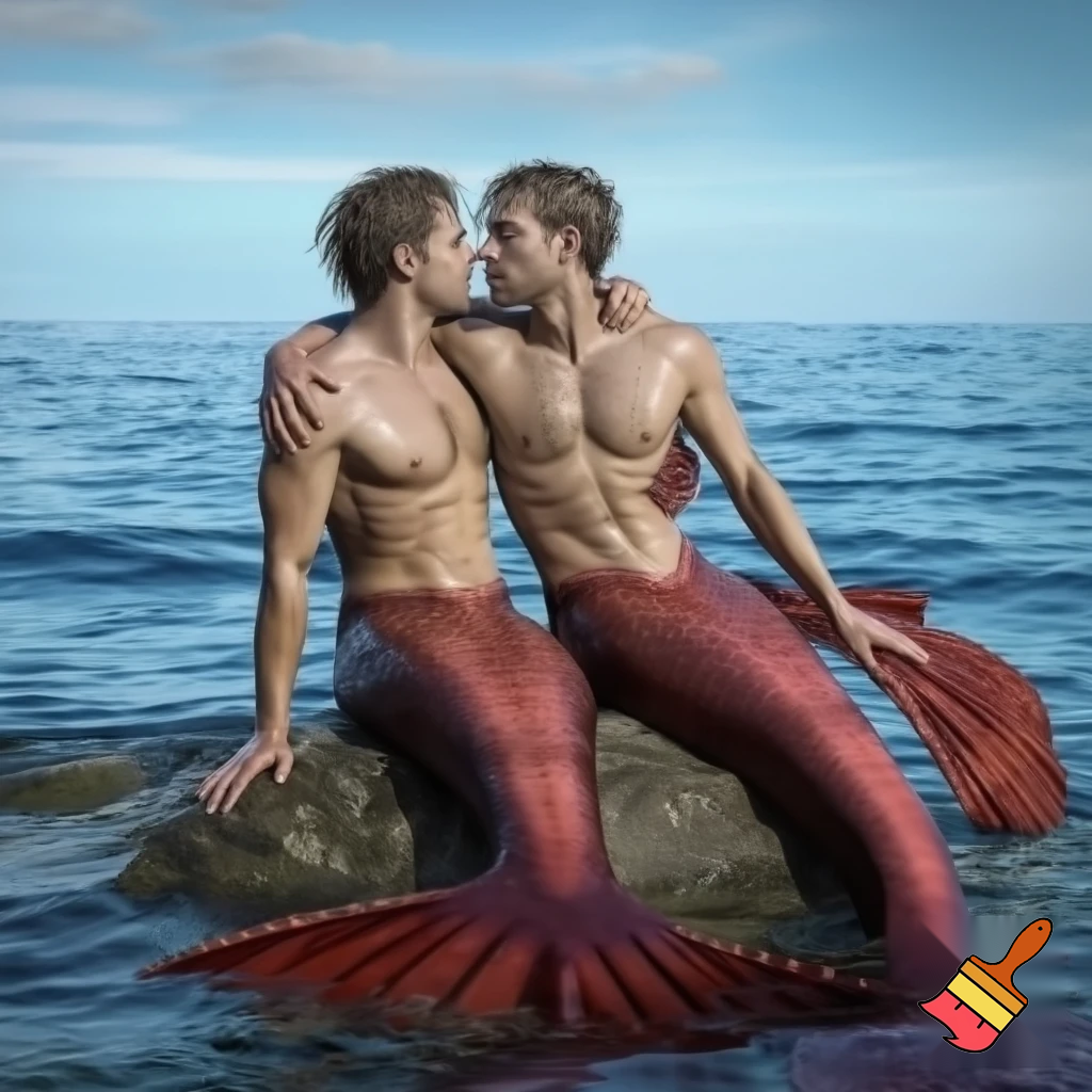 Outdoor photo of realistic shot of two caucasian mermen sitting together on a rock in the middle of the ocean, with one merman having his arm around the other. Their bodies are toned and muscular, with narrow waists and wide shoulders. They have short wet and messy hair. Their bodies are dripping wet. Their waists merge seamlessly into long, deep scarlet fish tails with large frilly fins. They are looking into each others eyes. They are kissing and touching each others chests