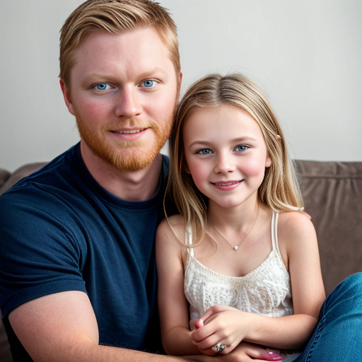 can you make a family photo with one three year old daughter, I'm the wife and mother and I have blonde hair and blue eyes, and add in a husband

