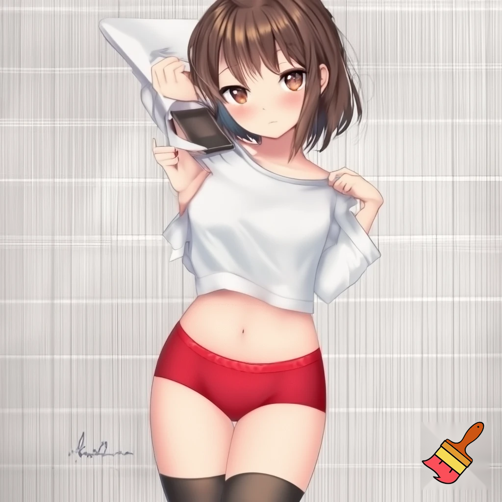Anime girl 20 years old so cool and cute with red underwear clothes is dressing very short shirt and thigh high socks is standing in cool pose make is so anime and make