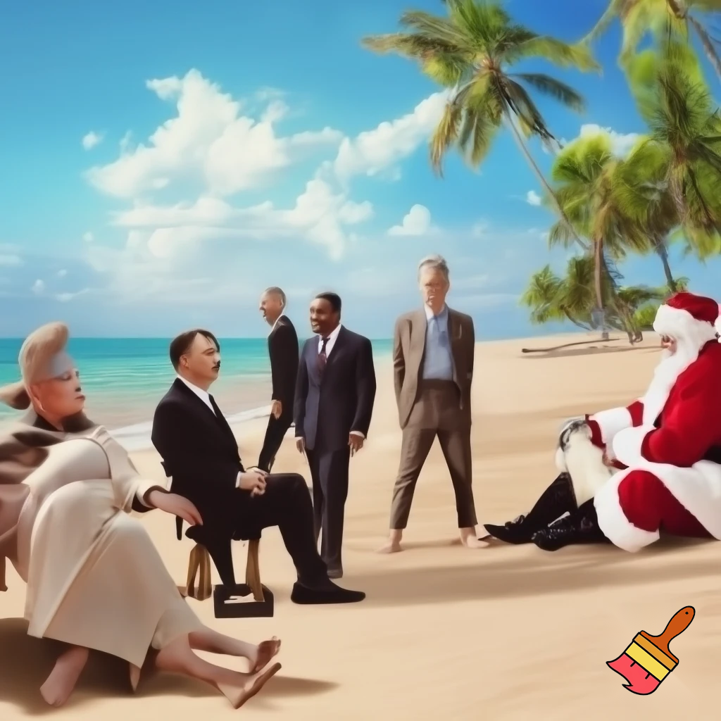 Adolf Hitler donald trump George Floyd Jeffery Epstein abe lincoln and Santa chilling on a beach
