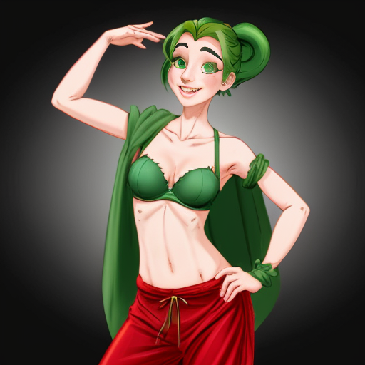 90's disney's 2d aladdin style comic dark black background and panels of 
panel 1 purple haired Ponytail shantae with red harem pants and red bra and red curved slippers with both hand palms place together and hiding the bottom of her mouth with a red veil wrapped around her arms and shoulders. 
panel 2 she danced with red harem pants with red bra and red curved slippers and red veil wrapped around her arms and shoulders and raising legs and bounced up and down her belly and shook her hips left and right. 
panel 3 as Shantae with red harem pants and red bra and curved red slippers spreading her arms, happily revealing her face to the viewer and giving a smile as she turns around shook her butt left and right. Panel 4 as purple haired Ponytail shantae with red harem pants and red bra and red curved slippers started to fading away , except her belly, which is bouncing around. 
Panel 5 then the ball transforms into the fading in belly of green haired Ponytail shantae with light green skin and green harem pants and green bra and green curved slippers and green veil wrapped around her arms and shoulders with her swaying her hips. 
Panel 6 green haired Ponytail shantae with light green skin and purple harem pants and green bra and green curved slippers and green veil wrapped around her arms and shoulders and with her hand palms place together between her chest and she gives a smile and winking her left eye. 