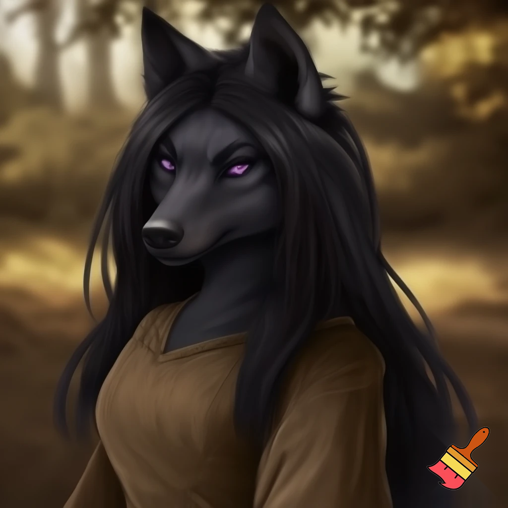 Anthro female black wolf with long pretty black hair and purple eyes, wearing a brown medieval shirt